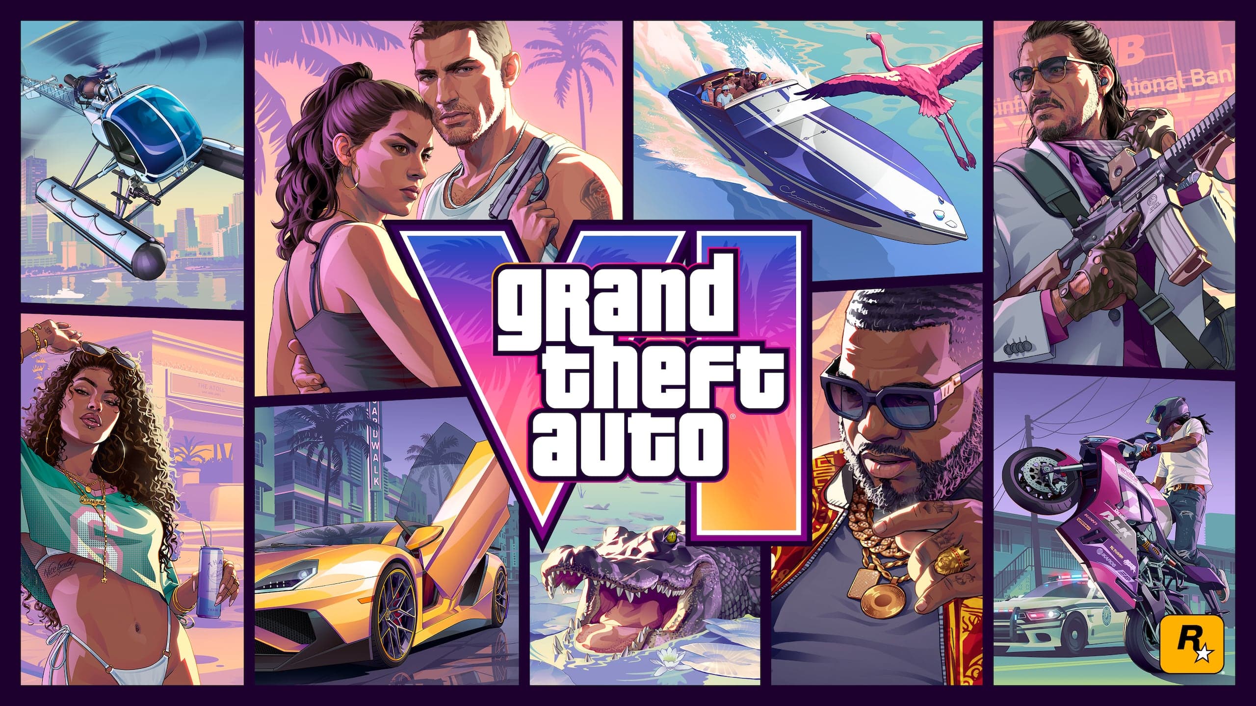 Grand Theft Auto VI cover art: illustrated panels around the VI logo — Lucia and Jason, a speedboat and a flamingo, an alligator, a sports car and a stunt rider — in Leonida pinks and violets.